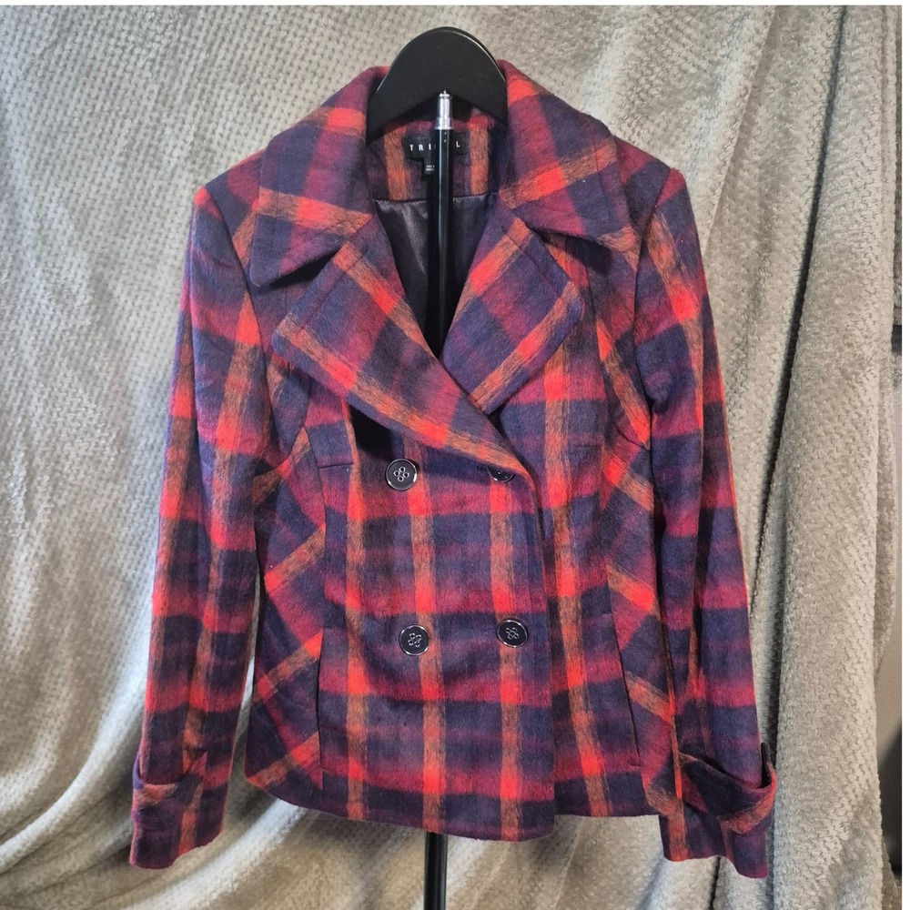 Tribal Red Purple Plaid Wool Blend Double Breasted Pea Coat Jacket Small 97500
